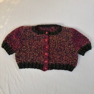 90s Hand Knit Multi Colored Funky Short Sleeve Cropped Cardigan